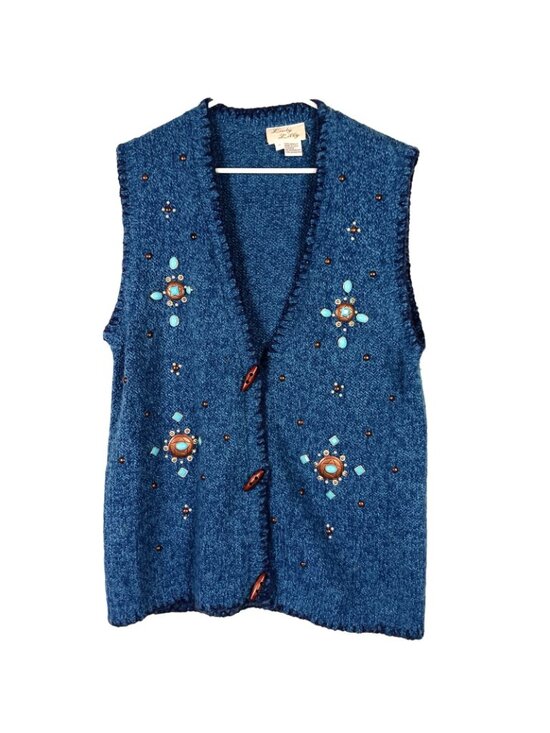 Turquoise Bejeweled Blue Marled Knit Toggle Vest Womens 2X Eclectic Art To Wear - Picture 10 of 10
